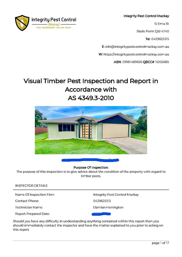 timber pest inspection report sample title page integrity pest control mackay